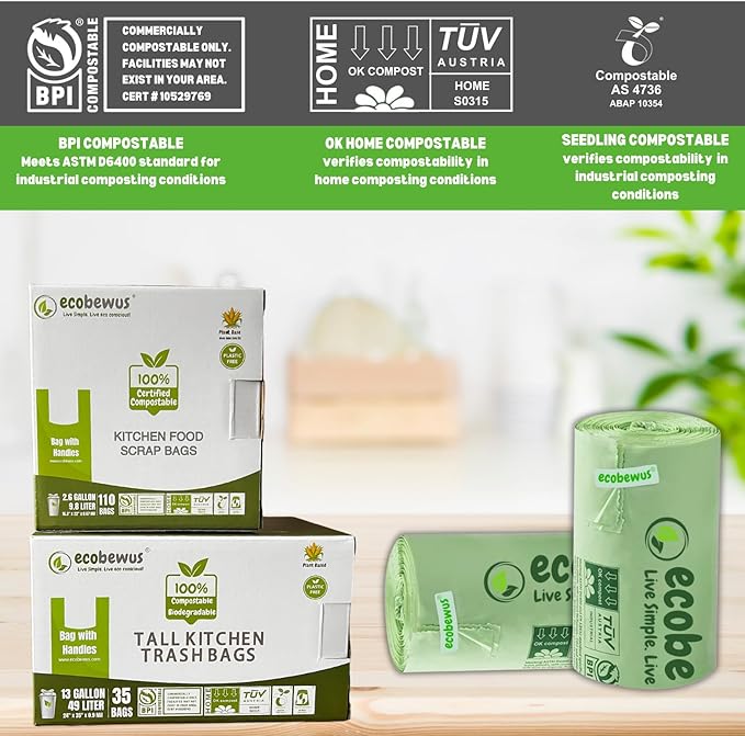 3 Gallon 100% Compostable Bags (125 Bags) Small Disposable Compost Trash Bags Food Scrap Garbage Bags US BPI Certified TUV OK Compost Home Certified Meeting ASTM D6400 (125 ct.)