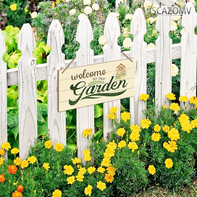 SCAZOMV Garden Sign Decor, Welcome To Our Garden, Funny Outdoor Decorative For Garden Backyard Patio Farmhouse, Potting Shed She Shed Personalized Wooden Hanging Plaque 5"X 10"
