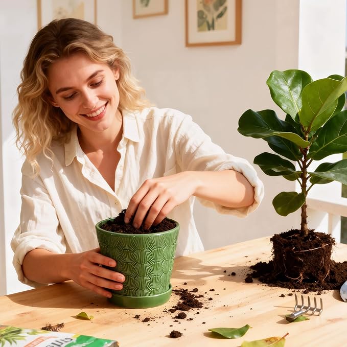 Ceramic Plant Pot,5+6 Inch Flower Pots with Drainage Hole&Tray,Ceramic Planter for Succulents Cactus,Indoor/Outdoor Pot for Plants,Set of 2- Patina