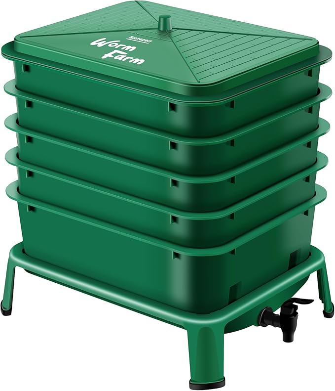 BlĂźtezeit 5-Tray Worm Compost Bin, 53QT Worm Composter Indoor & Outdoor, Worm Farm Starter Kit for Vermicomposting, Recycling Food Waste (Green)