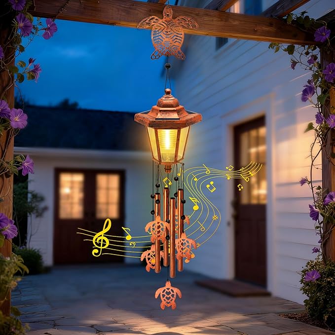 Large Solar Turtle Wind Chimes with Wind Catcher/Solar Decor Light to Create a Zen Atmosphere Suitable for Outdoor, Garden, Patio Decor Classic Bronze Wind Chimes as A Unique/Memorial Gift for Unisex