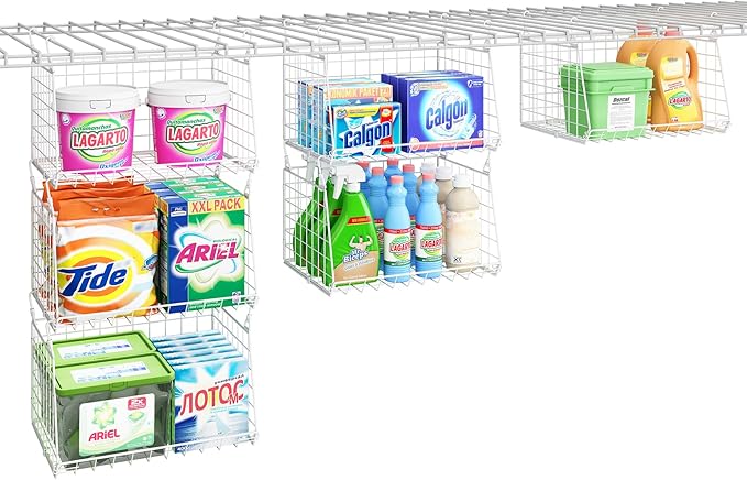 3-Tier Hanging Laundry Basket Organizer:Foldable Wire Shelf Laundry Room Organizer with 360°Rotating Hooks Small Space Solutions Pantry Baskets - Laundry Organization, White Patent