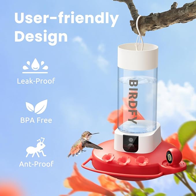 Birdfy Hummingbird Feeder with Dual Cameras - 2K HD Smart Cameras Solar Powered, Close-Up Bird Video/Live Watching & Instant Notifications, Ant Moat & Leakproof - 20oz