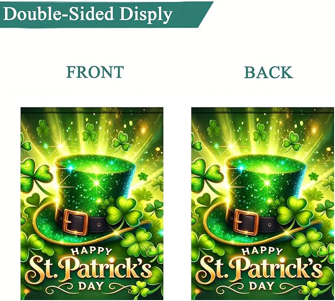 Happy St Patricks Day Garden Flag 12 x 18 inch Double Sided Outside Decorations,Spring Shamrock Green Hat Small Garden Flags For Outdoor Yard Lawn