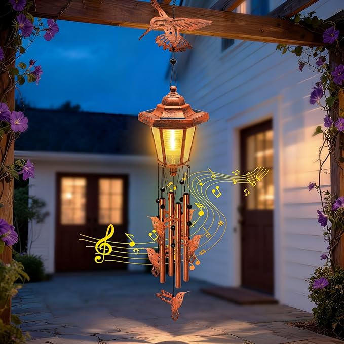 Large Solar Hummingbird Wind Chimes with Wind Catcher/Solar Decor Light to Create a Zen Atmosphere Suitable for Outdoor, Garden, Patio Decor Classic Bronze Wind Chimes as A Memorial Gift for Unisex