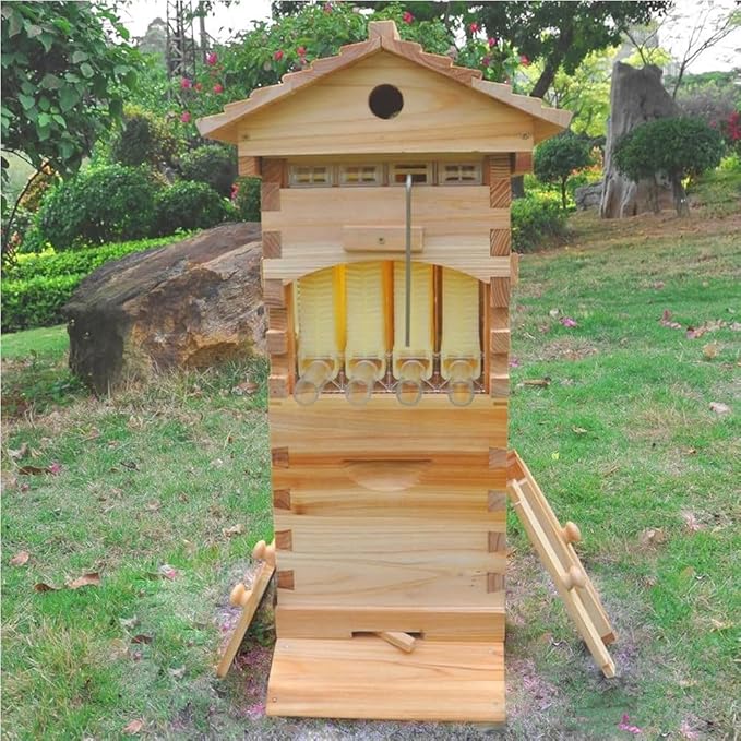 Self-Flowing Beehive Starter Kit Complete: Wooden Bee Box with Observation Window, Honey Spout, 4 Frames, 6 Honeycomb Trays, and Carpenter Bee House for Garden Pollinators, Easy Assembly
