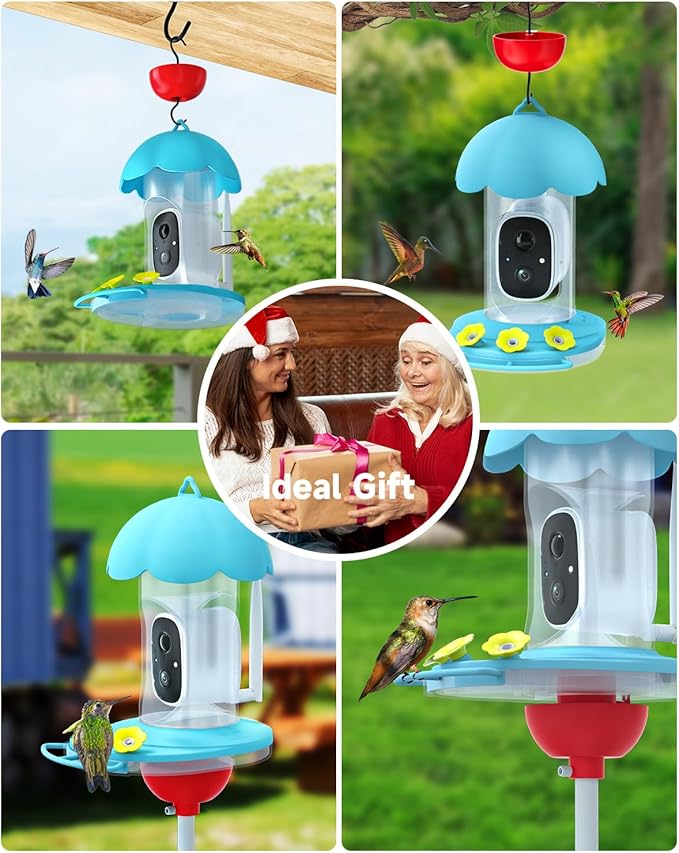 Hummingbird Feeder with Camera Solar Powered, Hummingbird Feeders for Outdoors with 2K Bird Watching Camera, AI Identify Bird Species, Instant Notification, Idea Gift for Bi rd Lover, Blue