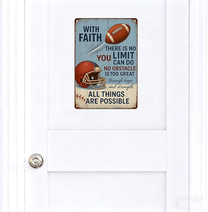 Funny Football Faith Metal Sign – Vintage Christian Sports Wall Art for Locker Room, Bedroom, or Gym – Motivational Football Gift for Athletes, Coaches, and Football Fans (FOOTBALL)