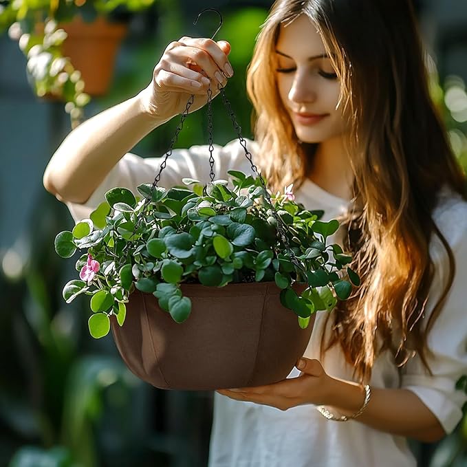 T4U Hanging Planters for Outdoor Plants, 12 Inch 6 Pack Fabric Hanging Baskets with Drainage Tray, Decorative Hanging Pots for Plants Outdoor Patio Porch Garden Use(Brown)