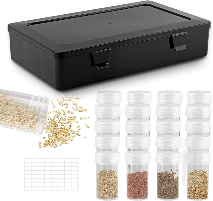 Seed Storage Box with 60 Bottles and Label Stickers, Opaque Light Proof Seed Organizer, Garden Pip Saver kit Seed Container Storage for Flower Plants Vegetable Seed Saving