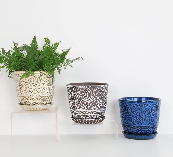 Gepege 6 Inch Ceramic Planter, Blue Plant Pot with Drainage Holes and Saucers for Indoor Plants, Birthday for Women Mom