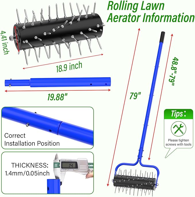 Yard Aerator Roller,Manual Lawn Spike Aerator,Heavy Duty Lawn Aerator Machine with 54 Spikes,79" Adjustable Handle Manual Push Aerator Lawn Tool,Lawn Aeration for Lawn Care & Soil Penetrat