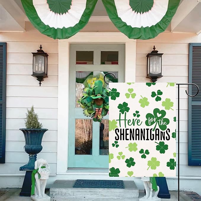 Artofy St Patricks Day Small Decorative Garden Flag, Lucky Shamrock Clover Here for The Shenanigans Yard Lawn Outside Decor, Irish Spring Burlap Outdoor Home Decoration Double Sided 12 x 18
