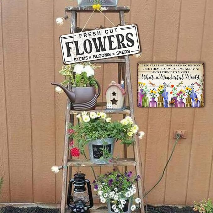 What A Wonderful World Tin Sign Metal Garden Signs For Outside Vintage Flower Market Wall Art Kitchen Metal Tin Sign Flowers I See Trees Of Green Red Roses Too Sign Flower Sign Wall Decor 8x12 Inch