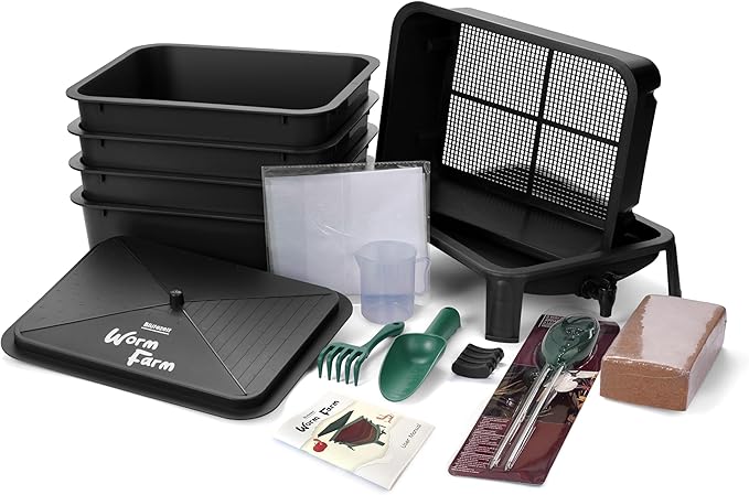 BlĂźtezeit 5-Tray Worm Composter, 53QT Worm Compost Bin Indoor & Outdoor, Worm Farm Kit for Vermicomposting Starter, Recycling Food Waste (Black)