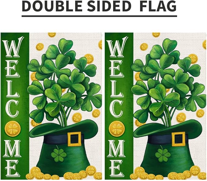 Welcome St Patricks Day Garden Flags Burlap 12x18 Double Sided, Green Hat Lucky Shamrocks Gold Coin Holiday Party Sign Small Flag Yard Outdoor Decor DF658