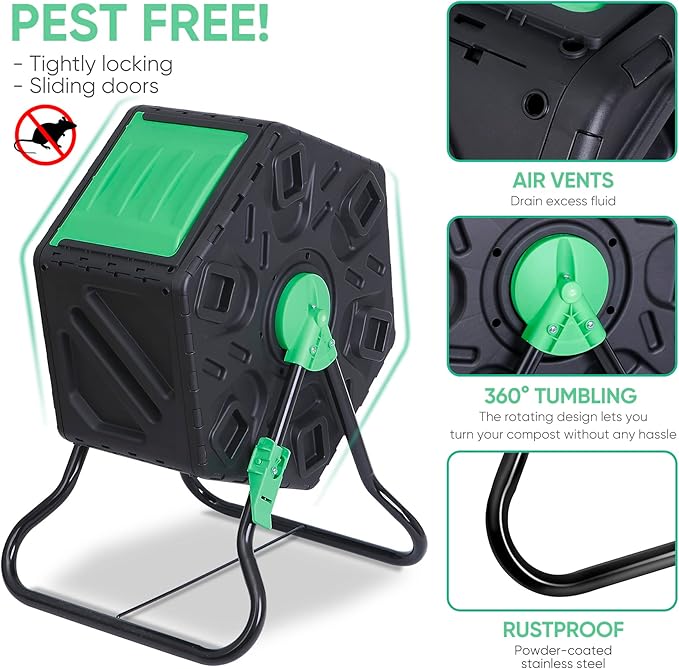 18.5 Gallon Compact Single Room Outdoor Garden BPA Free Compost Tumbler-All Season-Heavy Duty Composter