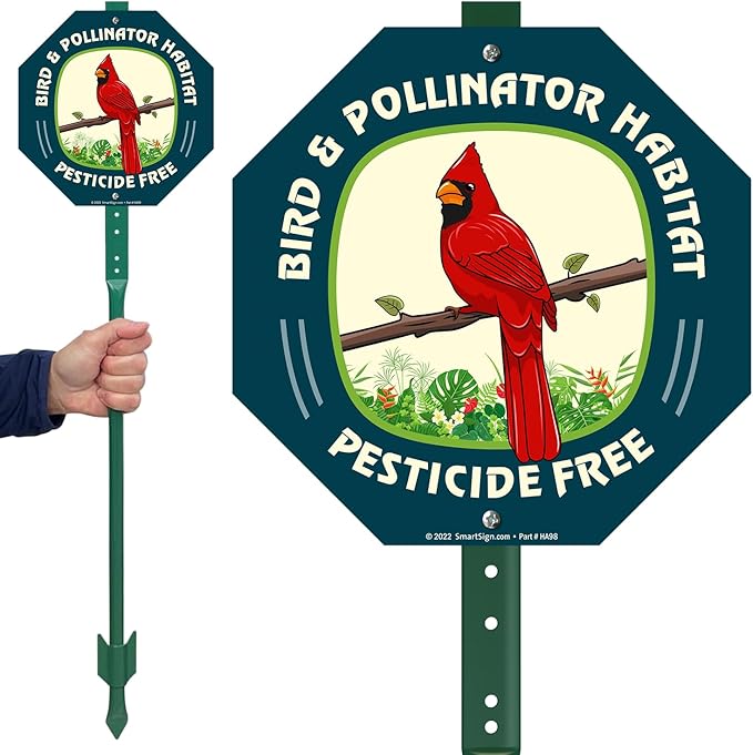 SmartSign 10 x 10 inch Bird & Pollinator Habitat, Pesticide Free Yard Sign & Stake Kit, 40 mil Laminated Rustproof Aluminum, 3 foot Stake, Set of 1, For Lawn, Garden, Made in USA