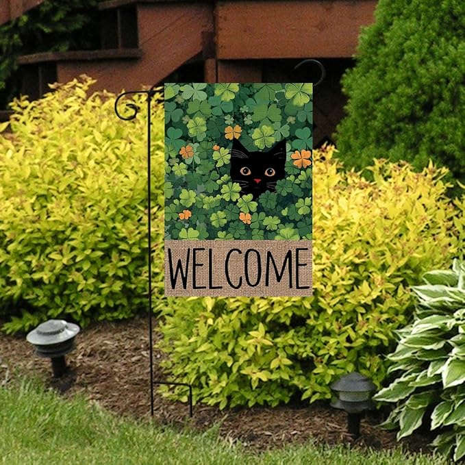 St Patricks cat Garden Flag 12x18 Inch Double Sided Outside Black Cat Welcome Spring Holiday Shamrocks Holiday Yard Outdoor Flag Home Decor