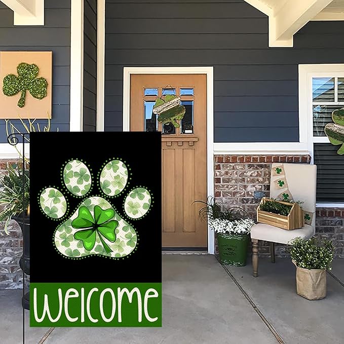 St Patricks Day Garden Flags for Outside, Irish Dog Paw with Green Hat Lucky Shamrocks Yard Decoration, Small Seasonal Outdoor Decor for Farmhouse Holiday,12x18 Inch Double Sided