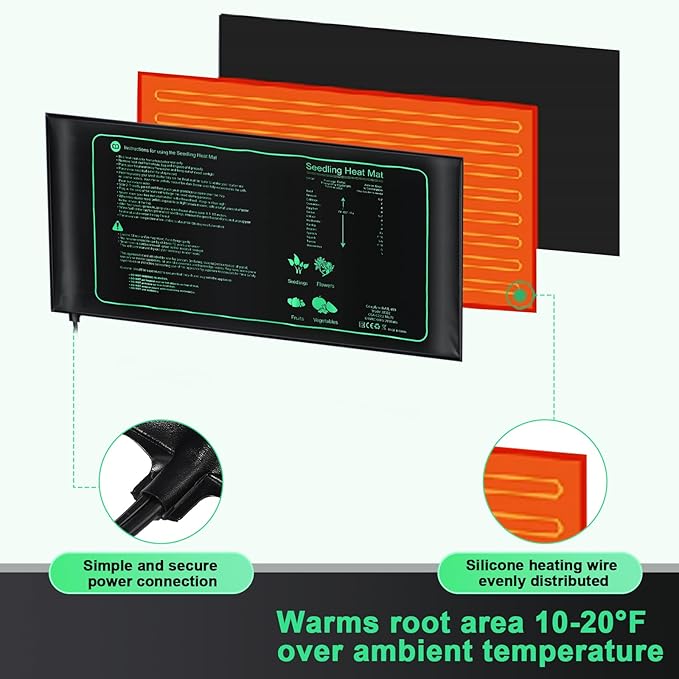 ROCEEI 6 Pack Durable Seedling Heat Mat 10 x 20.75 Waterproof Plant Heating Pad Warm Hydroponic Grow Mat for Greenhouse Grow Seed Starting Plant Germination (Black,Green)