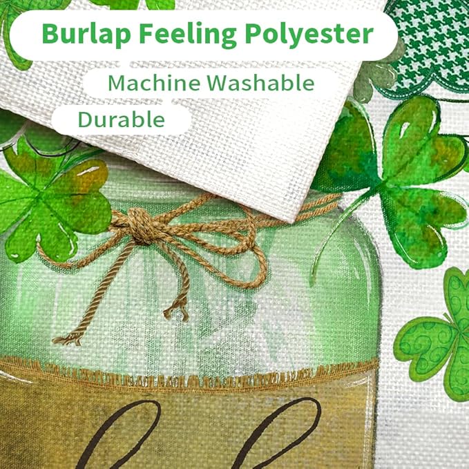 CROWNED BEAUTY St Patricks Day Shamrocks Mason Jar Garden Flag 12x18 Inch Double Sided for Outside Small Green Clovers Lucky Holiday Burlap Yard Decoration