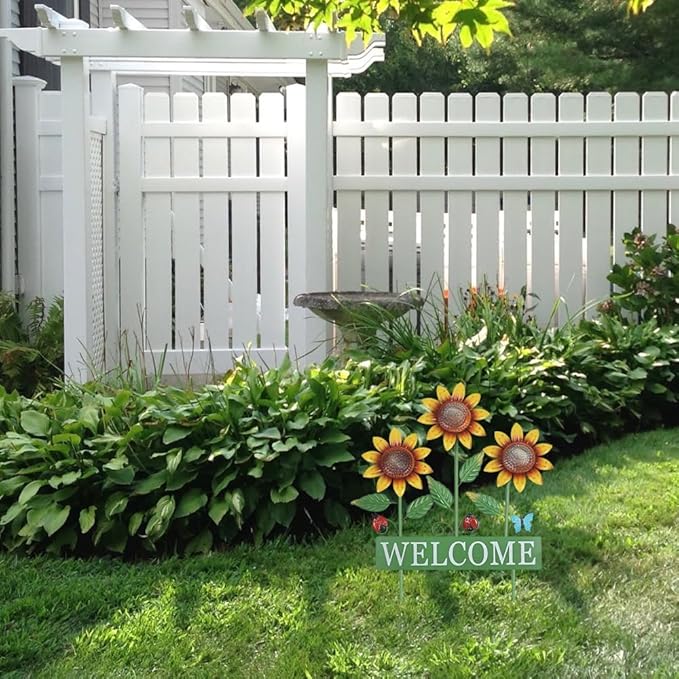 hogardeck Garden Decor for Outside, Metal Sunflower Butterfly Decorative Garden Stakes for Spring Decor, Yard Art Welcome Sign for Outdoor Lawn Porch Pathway Backyard Patio Decorations