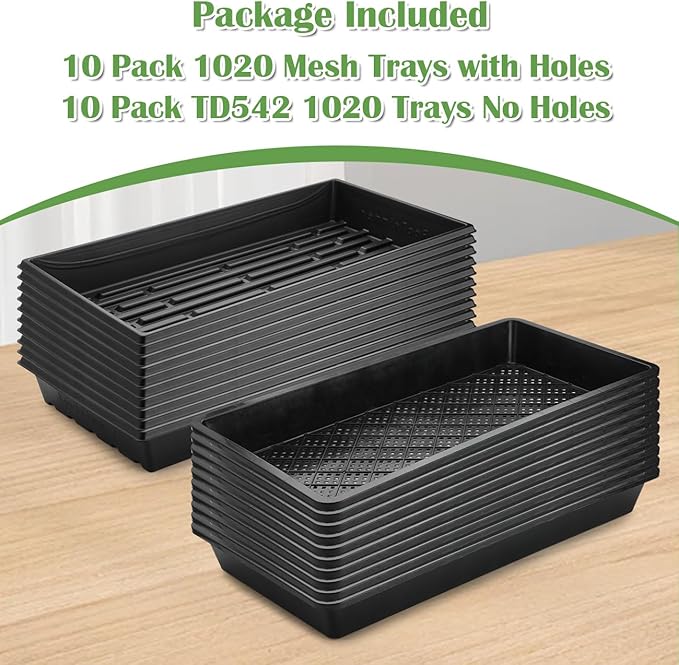 10 Pack 1020 Trays and 10 Pack 1020 Mesh Bootom Trays, 20'' x 10'', Heavy Duty Propagation Flats for Microgreens, Seed Starting, Soil Blocks, Hydroponics & Wheatgrass (10 Sets)