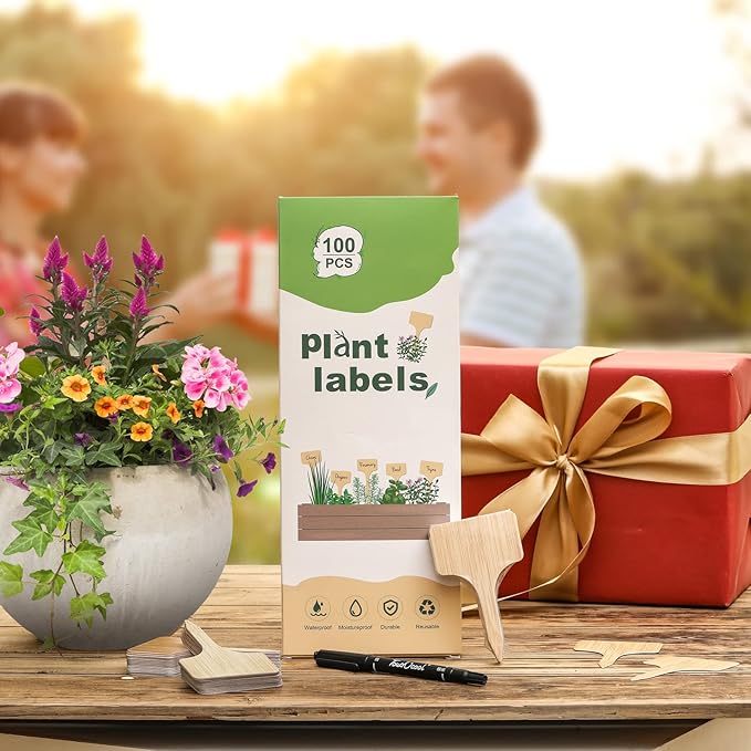 VITEVER 100pcs Plant Labels, T-Type Plastic Tags with Marker Pen, Waterproof Garden Signs for Outdoor Plants (3.9” x 2.4”)