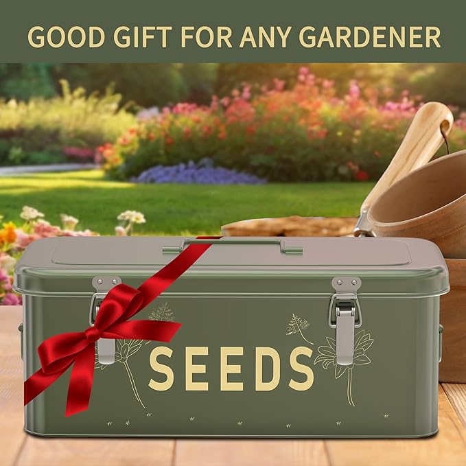 Orionstar Metal Seed Storage Organizer, 4 Compartments Saving box with 30 Envelopes & Labels, Garden Organization Bin for Heirloom Protection, Vintage Dark Green