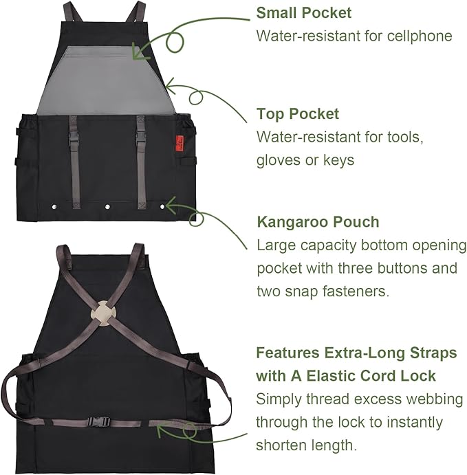 Gardening Apron Waterproof Cross Back Apron, Extra 600D Heavy Duty Apron Harvest and Large Quick Release Pockets