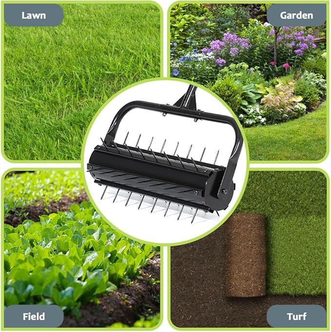 KELIXU Lawn Aerator Tool, 22” Manual Lawn Aerators Roller, Heavy Duty Rolling Lawn Air Aerator Tool with Spike Row, 57.9” H Grass Lawn Aeration Tool, Yard Tools for Garden, Cropland to Loose Soil