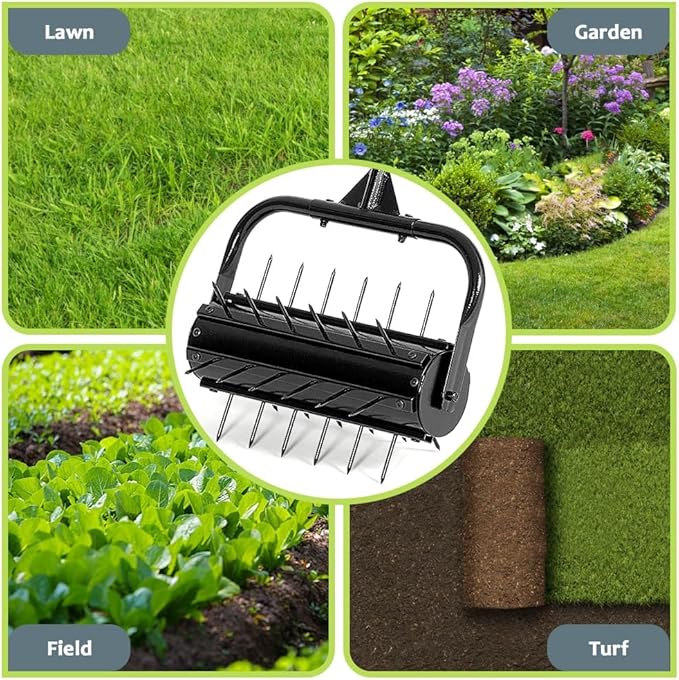 KELIXU Lawn Aerator Tool, 17” Manual Lawn Aerators Roller, Heavy Duty Rolling Lawn Air Aerator Tool with Spike Row, 58.5” H Grass Lawn Aeration Tool, Yard Tools for Garden, Cropland to Loose Soil