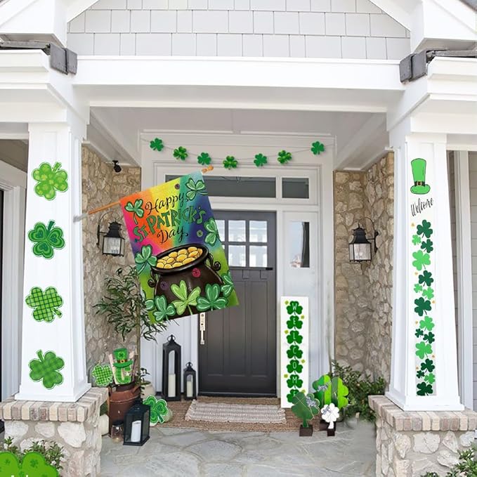 Happy St Patrick's Day House Flag 28x48 Inch Double Sided Burlap, Green Lucky Clovers Shamrock Gold Coin Sign for Farmhouse Yard Outdoor Decor DF430-28