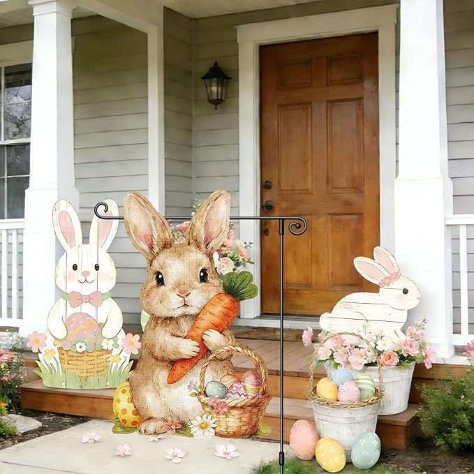 Heyfibro Happy Easter Bunny Garden Flag Banner Double Sided 12.6x18.9 Inch Cute Rabbit Garden Flag Small Yard Flags for Outside House Farmhouse Holiday Easter Outdoor Decorations