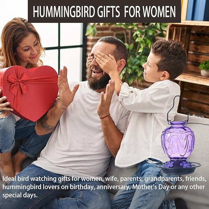 Glass Hummingbird Feeder for Outdoors Hanging,24Ozs Humming Bird Nectar Feeder w/Perch,5 Flower Feeding Ports,Leak Proof Base and Hook for Outside Garden Backyard Decor, Gifts for Women Mom,Purple