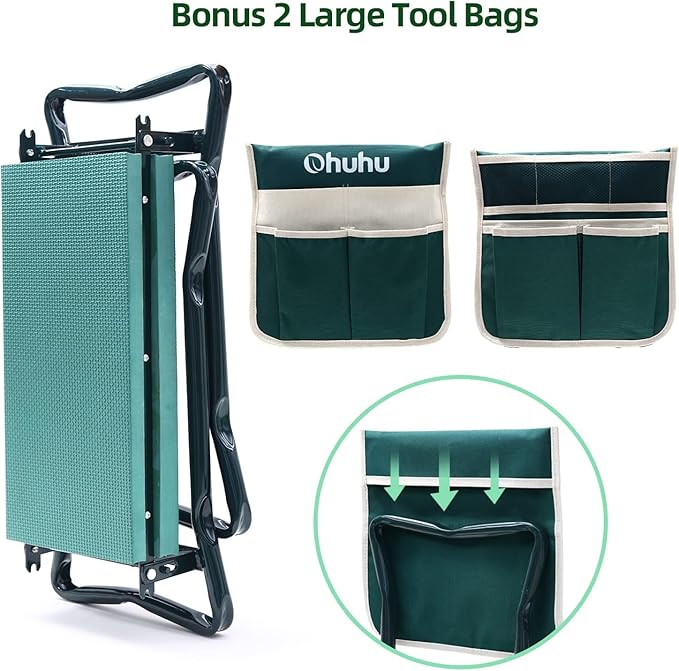Ohuhu Garden Kneeler and Seat Heavy Duty, Upgraded Gardening Stool with Thicker and Wider EVA Foam Kneeling Pad Foldable Garden Bench with 2 Large Tools Pouches, Christmas Gardening Gifts for Seniors