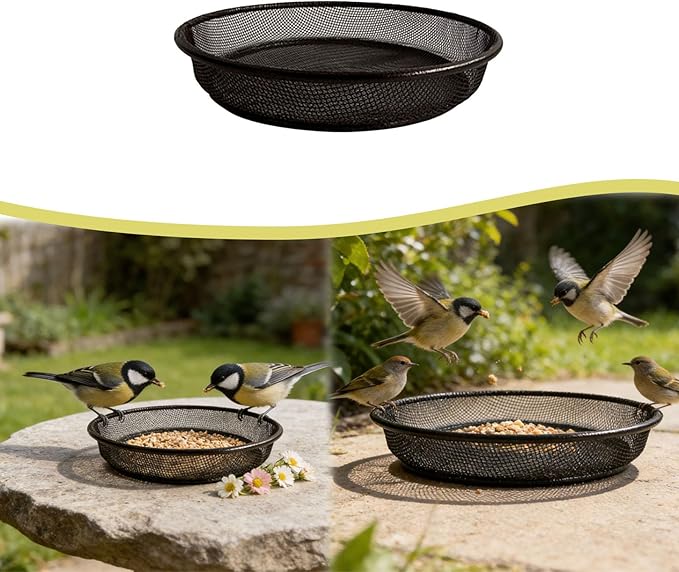 Metal Mesh Bird Feeder Trays, 6 Inch Metal Round Bird Feeders Tray, Iron Ground Birds Seed Feeding Bowl, Platform Mesh Seed Tray, Outdoor Floor Birds Feeders Stand for Humming Feeder Station (Black)