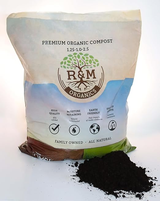R&M Organics Premium Organic Compost; for Vegetables, Flowers, Plants, and Lawns - All Purpose Fertilizer - Moisture Retention - Low Odor - 10-Pound Bag
