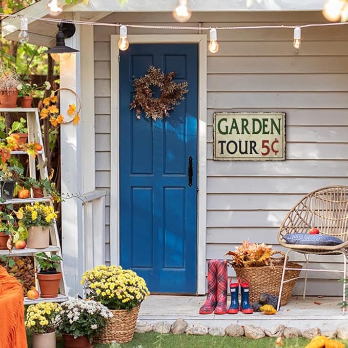 Garden Signs for Outside - Garden Tours 5 Cents, Vintage Metal Welcome Sign for Outdoor, Porch, Back Yard, Farmhouse, Patio Wall Decor Art, Gifts for Women, 12 x 8 inch