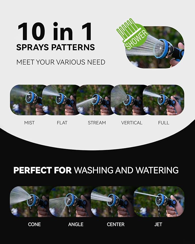 RAINPOINT Spray Nozzles for Garden Hose - 10 Spray Patterns Garden Hose Nozzle with Adjustable Flow Control for Watering Plants, Washing Cars,Washing Pets, Thumb Control (2 Packs, Blue)