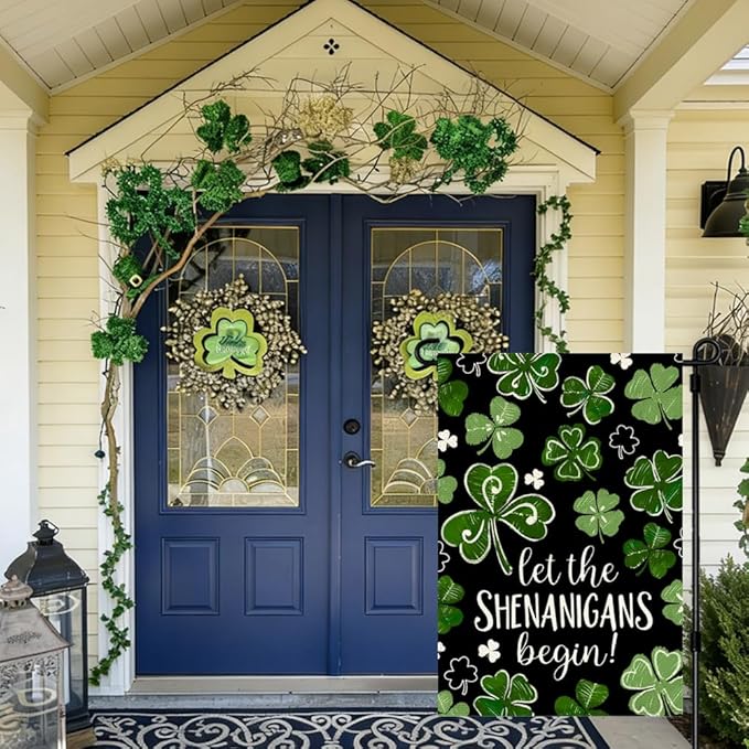 St Patricks Day Garden Flag 12x18 Inch Double Sided Outside, Let the Shenanigans Begin Shamrock Outdoor Yard Flag Green Lucky Clover Holiday Decoration