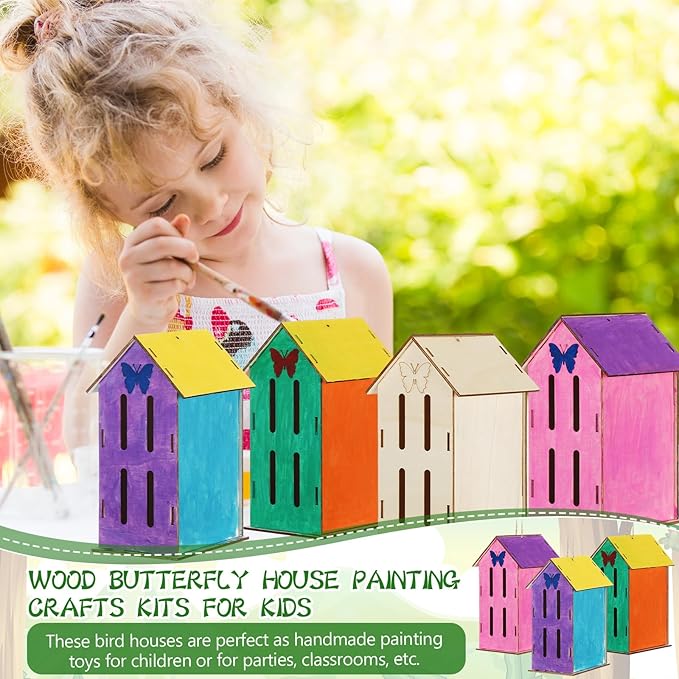 DoubleFill 12 Pack Wood Butterfly House Painting Crafts Kits My First Butterfly House DIY Art Craft Kit with Hemp Rope DIY Cedar Wooden Birdhouse for Building Bee Ladybug Habitat, No Paint