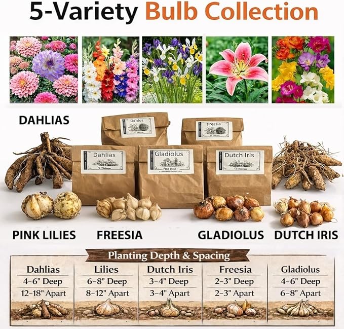 Luxury Front-Yard Colorful Dream Bulb Collection (32 Bulbs) — Dahlias, Gladiolus, Lilies, Dutch Iris & Freesia | Easy to Plant | Pollinator Garden, Deer-Resistant | Spring Planting, Summer Bloom