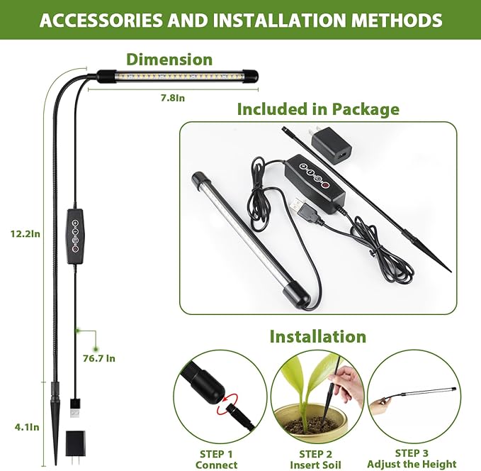 Grow Light 2 Pack, 6000K Full Spectrum Gooseneck Growing Lamp for Indoor Bonsai Pot Mini Micro Greens Mini Plants, Dimmable & Auto Timer 4 8 12H
