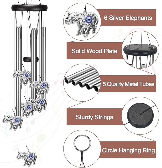Wind Chimes Outdoor, Elephant Gifts for Women, Outdoor/Indoor Decorations for Patio, Porch, Garden Decor, and Backyard (Evil Eye Elephant)