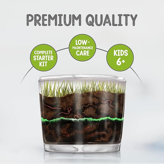 Worm Farm for Kids Shipped with Live Worms, Food & Book - Worm Farm Kit with Ecosystem, Soil, Mixing Sand, Magnifying Glass & More