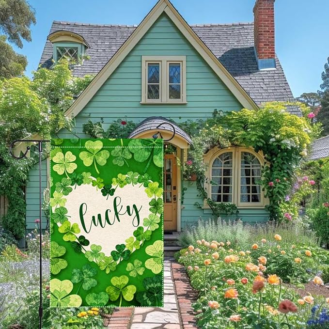 St Patrick's Day Garden Flag 12x18 Inch Double Sided Burlap Lucky Shamrock Heart Green Clover Pattern Holiday Yard Patio Irish Festival Outside Decorations