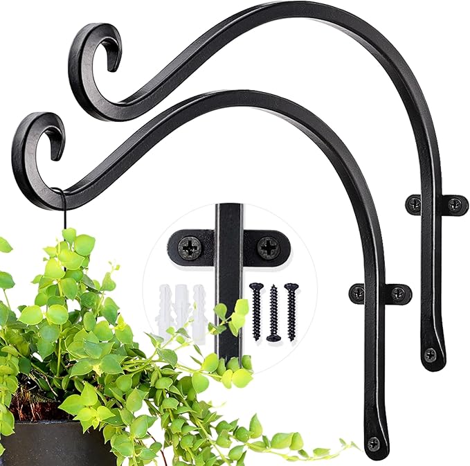 AJART Heavy-Duty Plant Hanger Outdoor - Can Hold 50 Lbs Plant Basket or Large Bird Feeder - 12 Inch Solid Iron Windproof, Rustproof Wall Hooks - with Triangular Stability - 2 Pieces