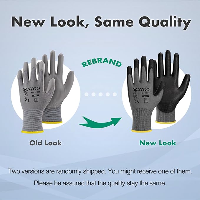 KAYGO Work Gloves for Men and Women, 12 Pairs Seamless Knit PU Coated Safety Gloves, with Smooth Grip on Palm and Fingers, Ideal for Light Warehouse, Manufacturing, Gardening, KG11P (2XL,Gray)